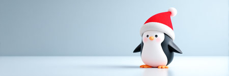 Cute cartoon penguin in santa hat standing on light background, minimal festive winter designの素材