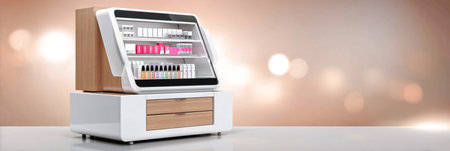 Contemporary cosmetic display unit highlights an array of beauty products, designed with a stylish finish and illuminated backdrop, enhancing retail aestheticsの素材