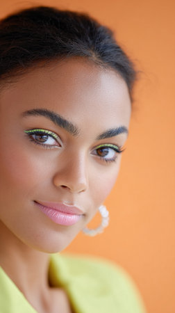 Confident female model with natural makeup and earrings poses against a bright orange backdrop, highlighting her beauty and modern style in a captivating portraitの素材