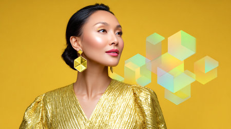 Confident female model in a shiny gold dress and geometric earrings, poses against a bright yellow backdrop, highlighting contemporary fashion and eleganceの素材