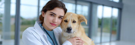 Female veterinarian hugging a dog in a modern clinic, both looking at the camera with calm and trusting expressions. High quality photoの素材