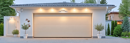 Modern garage exterior with closed beige door, decorative lighting, potted plants and wall art featuring animal paw prints.の素材