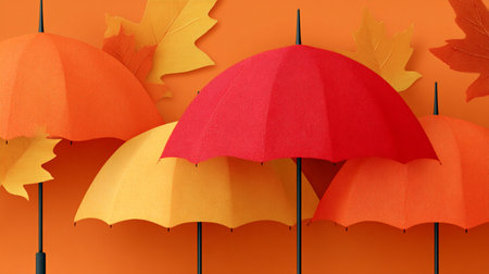 Bright red, orange and yellow umbrellas with autumn leaves on orange backgroundの素材