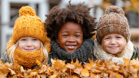 Three smiling children in cozy knit hats and scarves playing in autumn leaves. High quality photoの素材