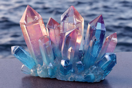 Cluster of vibrant blue and pink quartz crystals with iridescent shine placed on a wooden surface near water backgroundの素材
