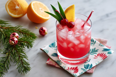 Refreshing red holiday cocktail with ice, garnished with cherries, orange slice and leaves, surrounded by festive decor and citrus on marble.の素材