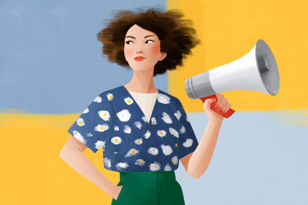 Confident woman with megaphone standing against colorful background, wearing floral shirt and green pants, symbolizing empowerment and communication. High quality illustrationの素材