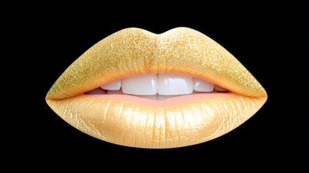 Glossy golden lips with glitter texture and white teeth on black background representing glamour, beauty and luxury in modern makeup style.の素材