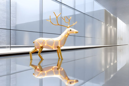 Futuristic glowing reindeer sculpture with gold accents in modern minimalist hallwayの素材