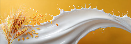 Golden wheat ears and grains splashing into white milk on vibrant yellow backgroundの素材