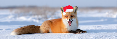 Cheerful red fox wearing a Santa hat lying on snowy ground in winter landscape with open mouth expression.の素材
