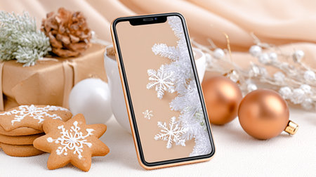 Smartphone with snowflake wallpaper surrounded by Christmas cookies, ornaments, and festive decorationsの素材