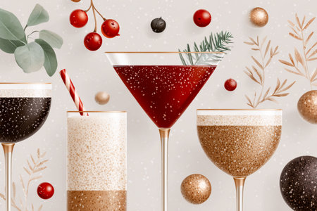 Festive holiday drinks in elegant glasses with berries, leaves and sparkling decorationsの素材