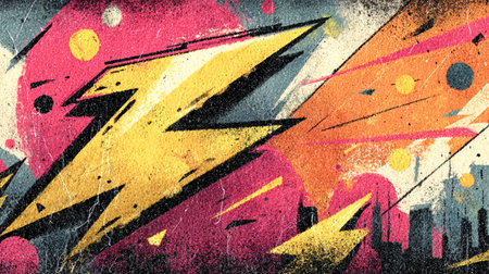 Grunge-style abstract street art with lightning bolts, vibrant circles and textured spray paint effects.の素材