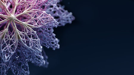 Detailed snowflake illustration features a stunning gradient from pink to purple, set against a dark backdrop, emphasizing the elegance of winter's natural patternsの素材