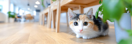 Playful calico kitten is curiously exploring a stylish indoor environment, with wooden furniture and lush plants, creating a warm and inviting ambianceの素材