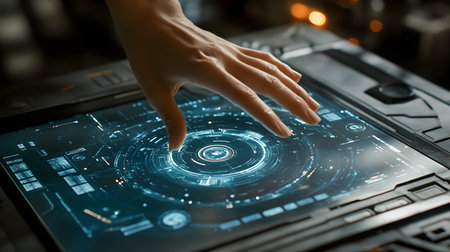 Hand engaged with a sleek touchscreen interface, featuring vibrant digital graphics and intricate designs, illustrating the fusion of technology and user interactionの素材