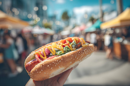 Hand holding a vibrant hot dog with mustard, tomatoes, and greens, set against a lively food market backdrop filled with colorful stalls and people enjoying the dayの素材