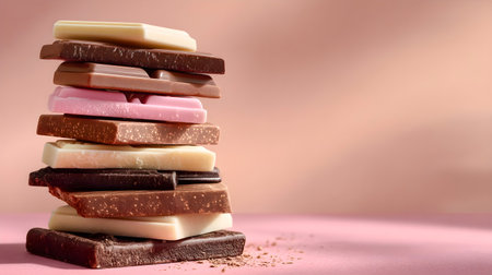 A visually appealing stack of chocolate bars in different shades and textures, set against a soft pink backdrop, ideal for dessert and culinary inspirationの素材