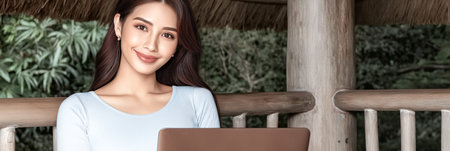 Female professional, engaged in work on a laptop at a wooden table, surrounded by vibrant greenery, creating a calm and inspiring atmosphereの素材