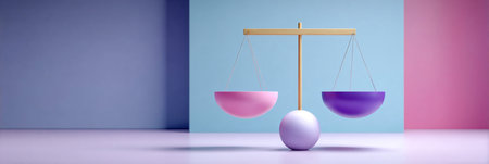 Vibrant balance scale featuring pink and purple bowls, positioned on a smooth surface, surrounded by pastel-colored walls, representing harmony and fairness in contemporary designの素材