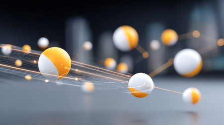 3D illustration features floating spheres in orange and white, interconnected by glowing lines, showcasing a modern and dynamic technological conceptの素材