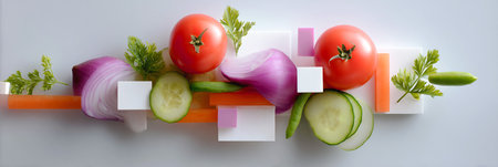 Fresh vegetables including tomatoes, cucumbers, onions, and herbs are artistically arranged on a sleek surface, highlighting vibrant colors and textures for culinary creativityの素材