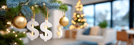 Christmas tree adorned with golden ornaments and dollar signs, enhancing the festive ambiance in a warm living room filled with holiday cheer and soft lightingの素材