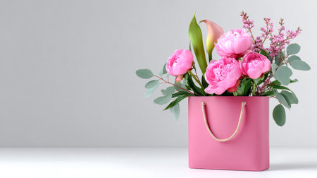 Shopping bag filled with colorful peonies and tulips, beautifully arranged with greenery, set against a soft gray backdrop, creating a fresh and vibrant atmosphereの素材