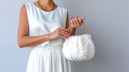 Fashionable female model in a white dress, holding a chic white handbag with gold chain, highlighting contemporary accessories and stylish eleganceの素材