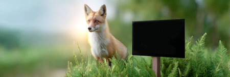 A fox is positioned next to an empty sign in a vibrant green setting, surrounded by ferns and gentle sunlight, evoking a peaceful atmosphere with ample copy spaceの素材