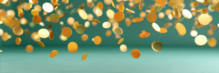 Golden coins are falling gracefully against a soft turquoise background, creating a vibrant and dynamic scene that symbolizes wealth and prosperity in a visually captivating mannerの素材