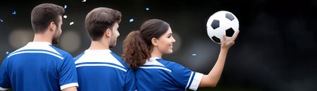 Group of young athletes wearing blue soccer uniforms, one female player holding a soccer ball, showcasing teamwork and excitement in a vibrant outdoor sports environmentの素材