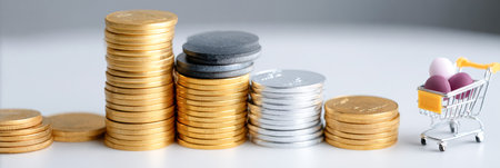 Stacks of golden, silver, and gray coins arranged in ascending order beside a miniature shopping cart filled with colorful eggs, symbolizing finance and consumerism conceptsの素材