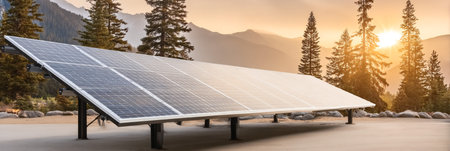 Solar panel installation in a serene mountain landscape, capturing the essence of renewable energy with sunlight illuminating the photovoltaic cells and surrounding natureの素材