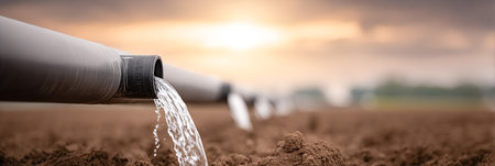 Irrigation pipes release water into rich soil, enhancing agricultural productivity during sunset, highlighting the significance of water management in farmingの素材