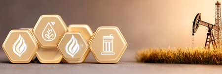 Hexagonal icons depict various energy sources, including oil and renewable options, set against a soft gradient background, highlighting sustainability themesの素材