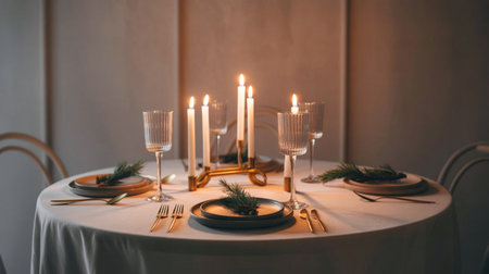 Beautifully arranged dining table features candles, glassware, and decorative touches, enhancing the cozy ambiance for memorable gatherings and celebrationsの素材