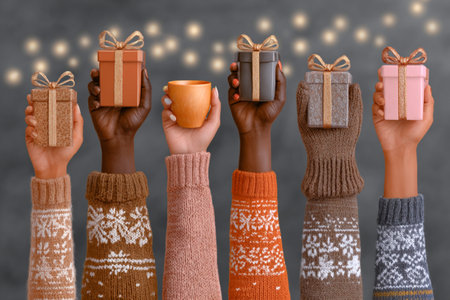 Hands in colorful sweaters are raised, showcasing beautifully wrapped gifts and a warm drink, creating a joyful atmosphere of celebration and unityの素材