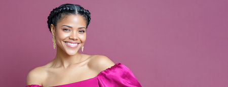 Smiling female with braided hairstyle, dressed in a bright pink off-shoulder gown, poses against a soft pink backdrop, showcasing elegance and charmの素材