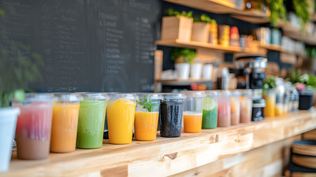 Assorted fresh juices in clear cups are arranged on a wooden counter, with a chalkboard menu and plants in the background, creating a lively atmosphereの素材