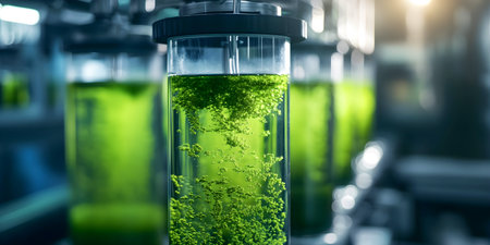 Laboratory glass vessels filled with bright green liquid, displaying algae in a high-tech research environment, emphasizing the importance of scientific discovery and sustainabilityの素材