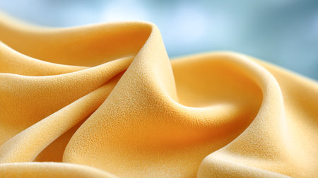 Flowing yellow fabric displays smooth textures and gentle folds, creating an inviting ambiance, ideal for fashion, interior design, and textile projectsの素材