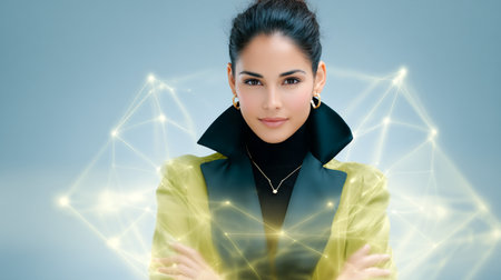 Confident female figure with dark hair in fashionable green and black attire, poses with arms crossed, surrounded by luminous digital connections, embodying modern innovationの素材