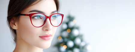 Female with red glasses looks thoughtfully, with a blurred Christmas tree in the background, creating a warm and festive atmosphere for the holiday seasonの素材
