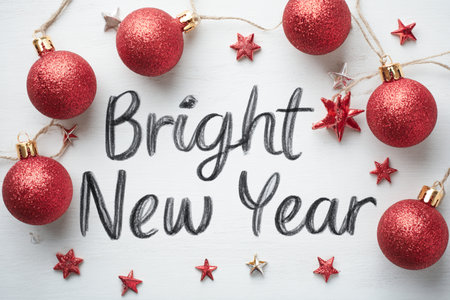 Festive New Year greeting featuring red glittery ornaments and stars on a white wooden surface, creating a joyful ambiance for holiday festivitiesの素材