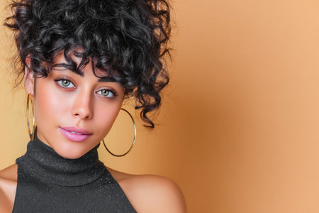 Confident young woman with curly hair and hoop earrings poses against a warm orange backdrop, highlighting her unique style and vibrant personality in this captivating portraitの素材