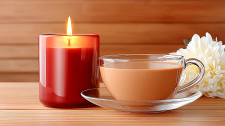 A warm cup of tea sits next to a glowing candle on a wooden surface, with a delicate flower nearby, creating a serene and inviting ambiance for relaxationの素材