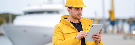 Male worker in bright yellow jacket and hard hat is engaged with a tablet on a dock, surrounded by a luxury yacht, emphasizing safety and technology in maritime workの素材