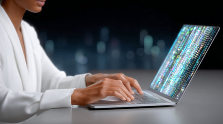 Female professional in white blouse engaged in typing on laptop with vibrant digital data display, highlighting technology and creativity in a contemporary workspaceの素材